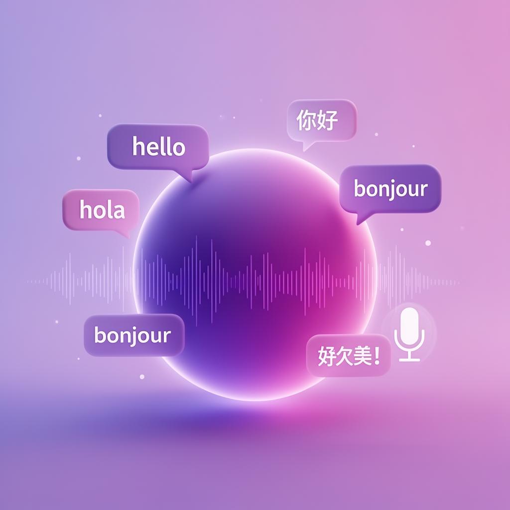 AI language tutor with multilingual speech bubbles and voice waveform